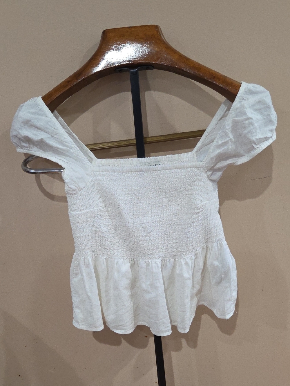 Abercrombie & Fitch White Smocked Peplum Off-Shoulder Top